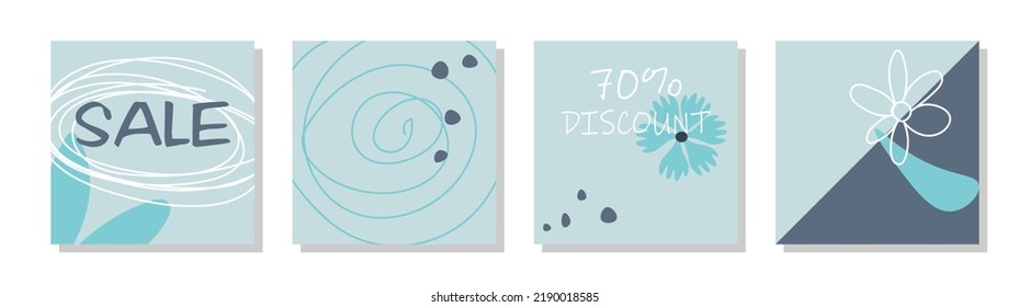 Themed images of summer promotions. Discounts, sales and low prices -50% Vector set of designer illustrations. Inscriptions and drawings in the style of summer, with flowers, stripes, elements, figure