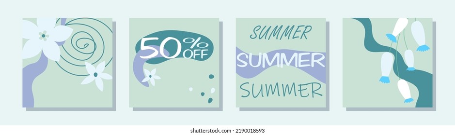 Themed images of summer promotions. Discounts, sales and low prices -50% Vector set of designer illustrations. Inscriptions and drawings in the style of summer, with flowers, stripes, elements, figure