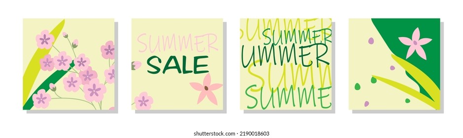 Themed images of summer promotions. Discounts, sales and low prices -50% Vector set of designer illustrations. Inscriptions and drawings in the style of summer, with flowers, stripes, elements, figure