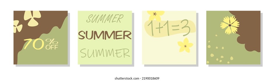 Themed images of summer promotions. Discounts, sales and low prices -50% Vector set of designer illustrations. Inscriptions and drawings in the style of summer, with flowers, stripes, elements, figure