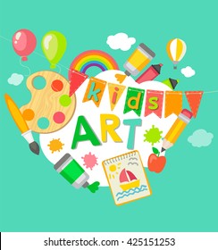 Themed Kids art  poster in flat style, vector illustration. Frame with artistic objects - vector illustration for children's art school, summer art fest.