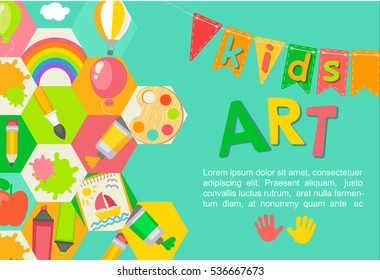 Themed Kids art poster in flat style. Education and enjoyment concept, vector illustration.