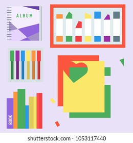 Themed kids creativity creation symbols poster in flat style with artistic objects for children art school fest unusual toys vector illustration.