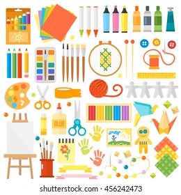 Themed kids creativity creation symbols art poster in flat style vector