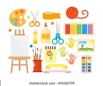 Themed kids creativity creation symbols art poster in flat style vector