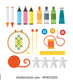 Themed kids creativity creation symbols art poster in flat style vector
