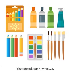 Themed kids creativity creation symbols art poster in flat style vector