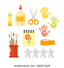 Themed kids creativity creation symbols poster in flat style with artistic objects for children art school fest unusual toys hand made vector illustration.