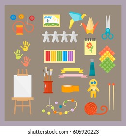 Themed kids creativity creation symbols poster in flat style with artistic objects for children art school fest unusual toys network movie vector illustration.