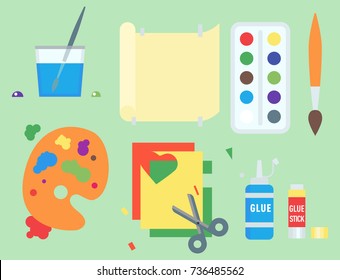 Themed kids creativity creation symbols poster in flat style with artistic objects for children art school fest unusual toys vector illustration.