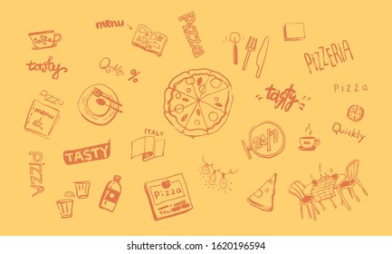 Themed set of elements of pizzeria food and drinks. Hand drawn background.