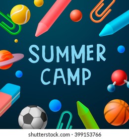 Themed Summer Camp 2016 poster, sport games, art classes, vector illustration.