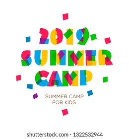 Themed Summer Camp 2019 poster in flat style, vector illustration.