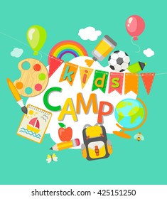 Themed Summer Camp  Poster In Flat Style, Vector Illustration.