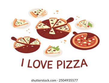 A themed vector illustration with the inscription I love pizza depicting many slices of pizza presented on wooden trays and plates. Fast food delicacy in flat style. Fast food love poster.