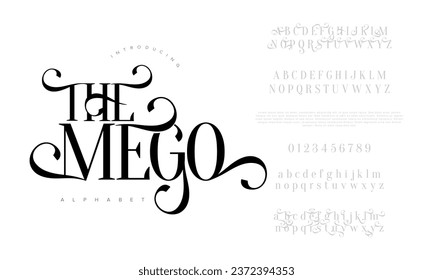 Themego premium luxury elegant alphabet letters and numbers. Elegant wedding typography classic serif font decorative vintage retro. Creative vector illustration