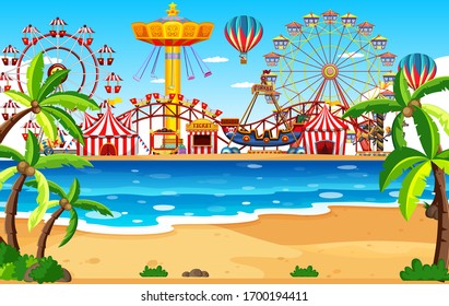 Themepark scene with many rides by the beach illustration