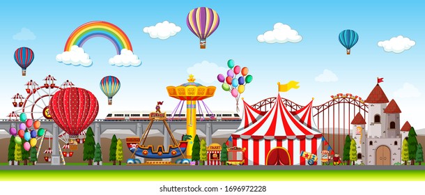 Themepark scene with many rides at day time illustration