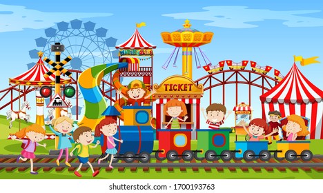 Themepark scene with many rides and happy children illustration