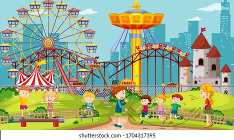 Themepark scene with many rides and happy children illustration