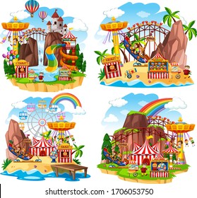 Themepark scene with many rides and happy children illustration