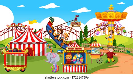 Themepark scene with many rides and happy children illustration