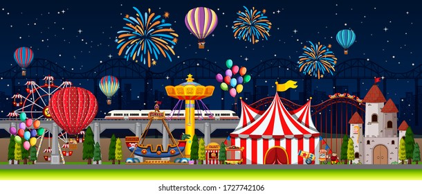 Themepark scene with many rides at night illustration