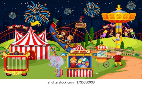 Themepark scene with many rides at night time illustration