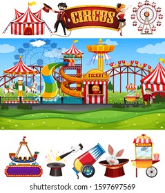 Themepark scene with many rides on white background illustration