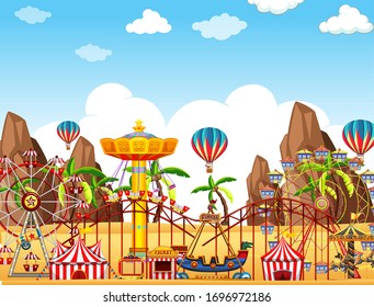 Themepark scene with many rides on the desert ground illustration