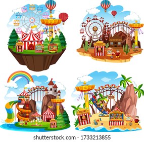 Themepark scene with many rides on islands illustration