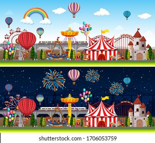 Themepark scenes with many rides at day time and night time illustration