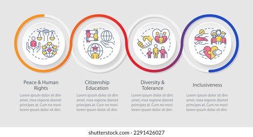 Themes GCED addresses loop infographic template. Social justice. Data visualization with 4 steps. Editable timeline info chart. Workflow layout with line icons. Myriad Pro-Regular font used