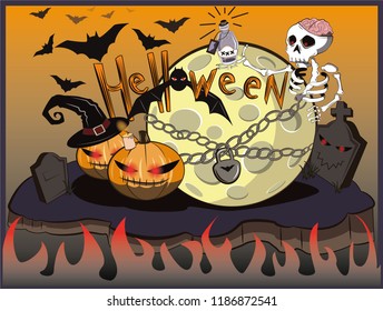 Themes of Halloween. The moon is locked, and the fire below shows how to open the gate, and all the oddities go to celebrations