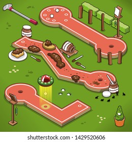 Themes minigolf course lanes including alien abduction, chocolate spread and multiple tee starting points (isometric illustration)