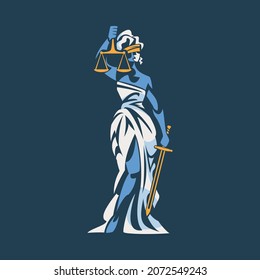 Themis as Ancient Greek Goddess and Lady Justice with Blindfold Holding Scales and Sword Vector Illustration