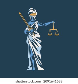 Themis as Ancient Greek Goddess and Lady Justice with Blindfold Holding Scales and Sword Vector Illustration