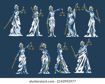 Themis as Ancient Greek Goddess and Lady Justice with Blindfold Holding Scales and Sword Vector Set