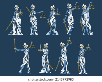 Themis as Ancient Greek Goddess and Lady Justice with Blindfold Holding Scales and Sword Vector Set