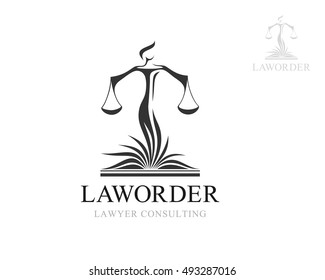 Themis with balance on the lawbook. Law firm logo template. Concept for legal firms, notary offices or justice companies