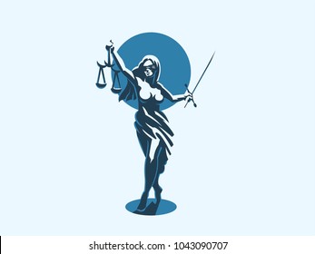 Themis blindfolded with weights and a sword in his hand. Vector emblem.