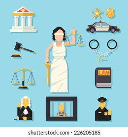 Themis Femida with scales and sword symbol of law justice flat icons set vector illustration