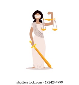 Themis. Flat illustration of justice goddess Themis with a sword and weights in her hands. Vector 10 EPS.