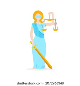 Themis. Flat illustration of justice goddess Themis with a sword and weights in her hands. Vector 10 EPS.
