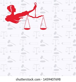 Themis Goddess - icon red - background light with legal symbols - scales of justice, judicial hammer - vector.