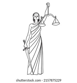 Themis goddess  isolated white background  Lady justice and scales   sword in hands  Judiciary symbol  Vector illustration 