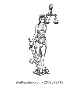 Themis goddess  justice with scales vector illustration, law from ancient Hellenic myths. Black and white illustration of femida