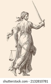 Themis is the goddess of justice with a sword and scales in her hands. Medieval engraving on a beige background.