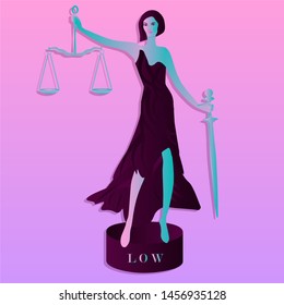 Themis Goddess Modern, elegant, on a pedestal - Scales of Justice and a sword - pink violet background - vector.
