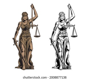 Themis goddess sculpture isolated on white background. Lady justice with scales and sword in hands. Judiciary symbol. Bronze and black and white versions. Vector illustration.